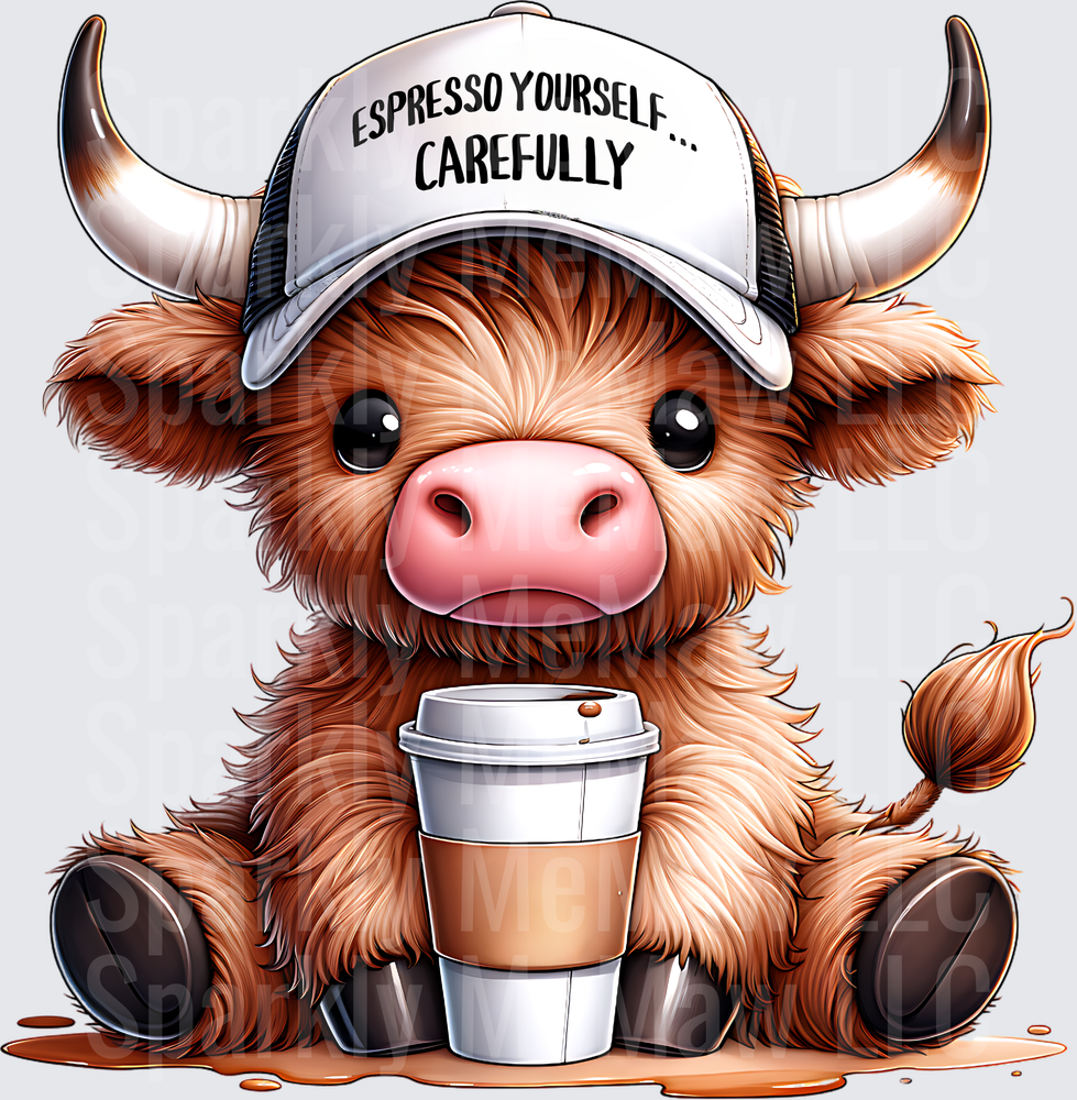 Espresso Yourself Carefully Highland Cow with Coffee Cup UV DTF Decal
