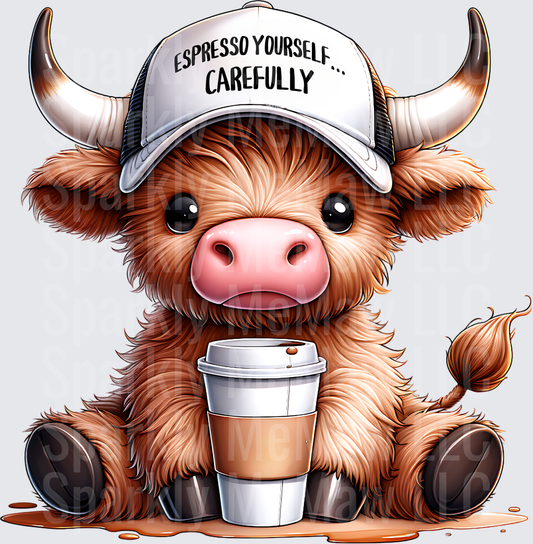 Espresso Yourself Carefully Highland Cow with Coffee Cup UV DTF Decal