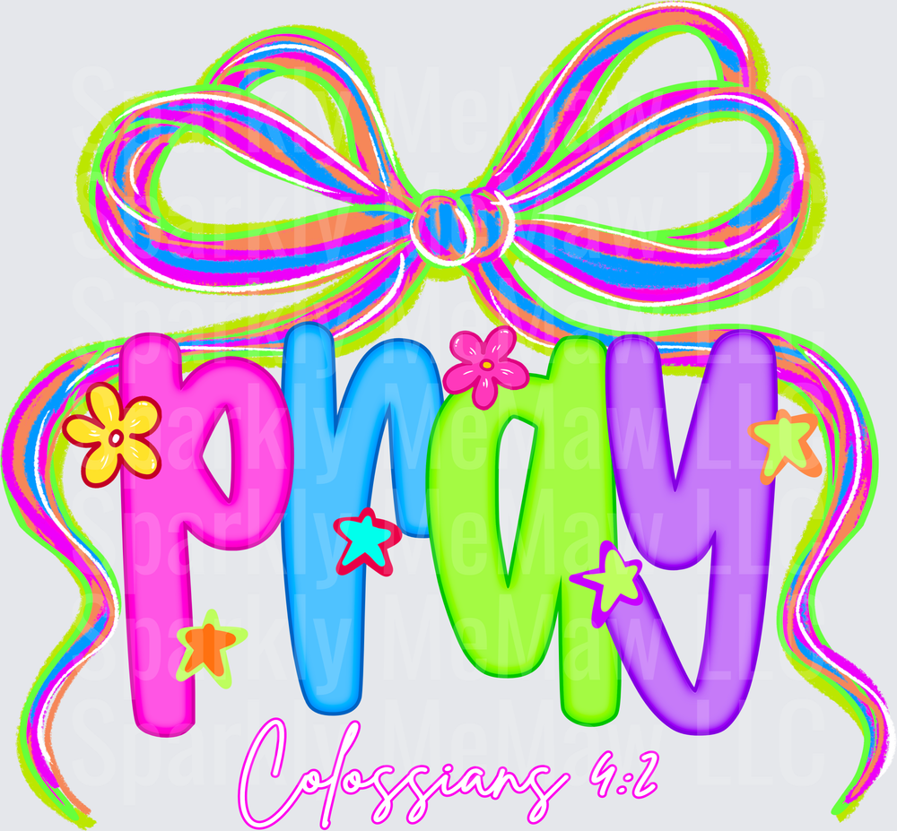 Colorful PRAY Letters with Rainbow Bow and Colossians 4:2 Bible Verse UV DTF Decal