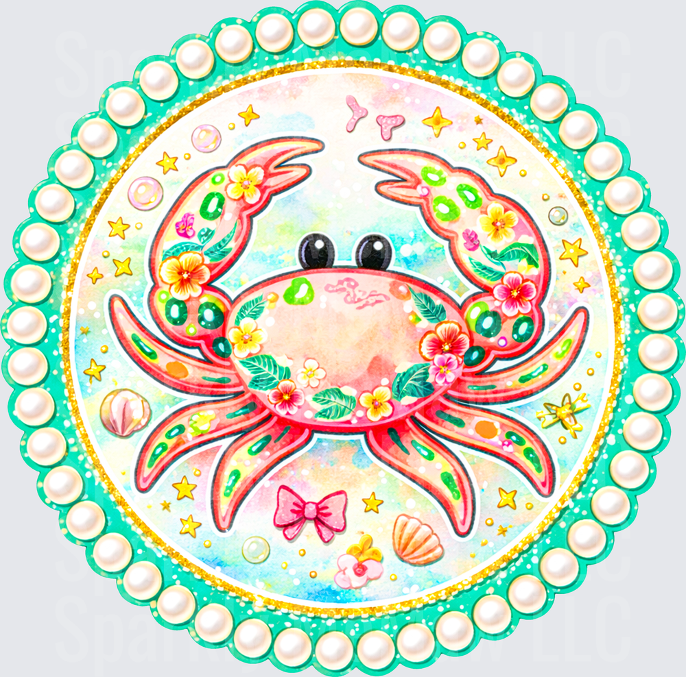 Cute Floral Crab DTF Transfer for Fabrics Teal Pearl Border Round Design with Tropical Flowers Stars and Seashells Watercolor Ocean Kawaii Crab