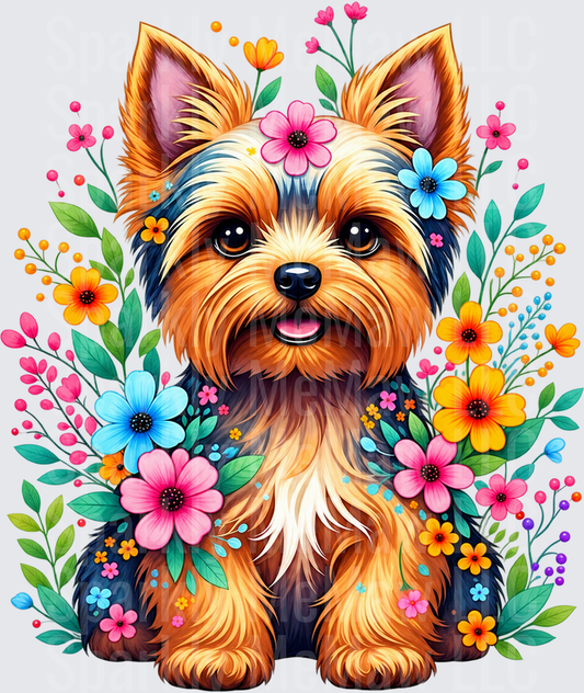 Floral Yorkshire Terrier DTF Transfer for Fabrics