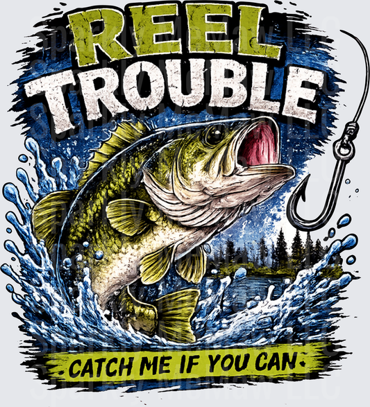 Reel Trouble Bass Fish Catch Me If You Can Fishing Hook Water Splash UV DTF Decal