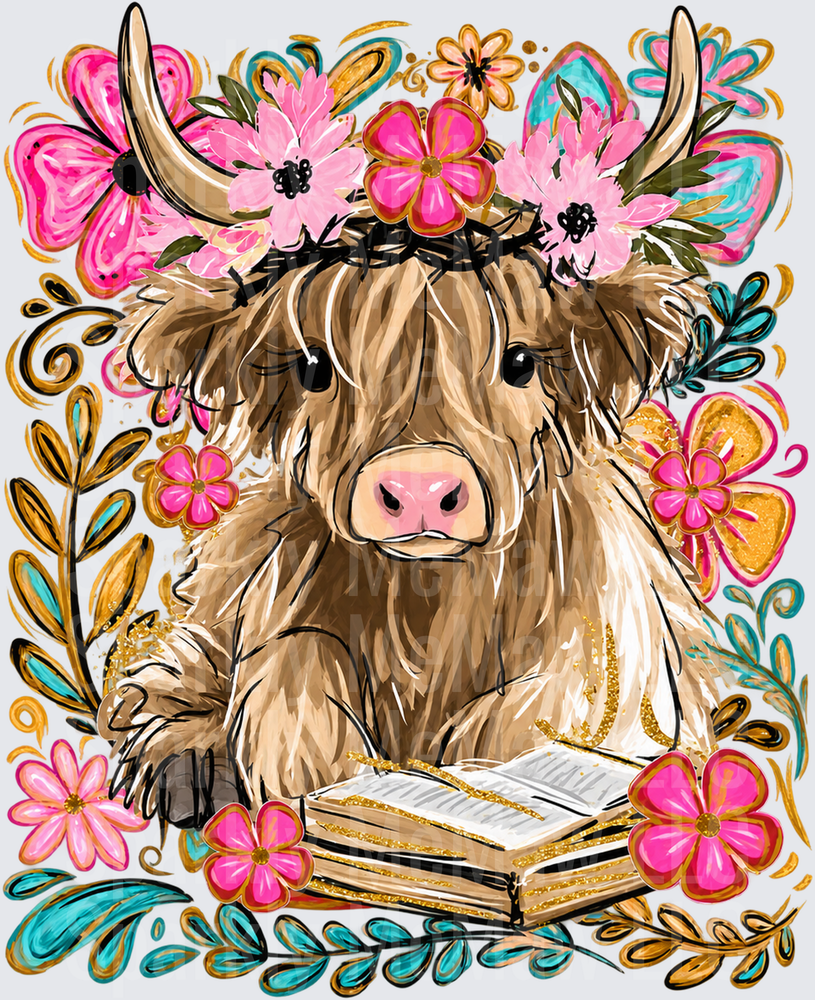 Floral Highland Cow Bible Reading is a UV DTF Decal