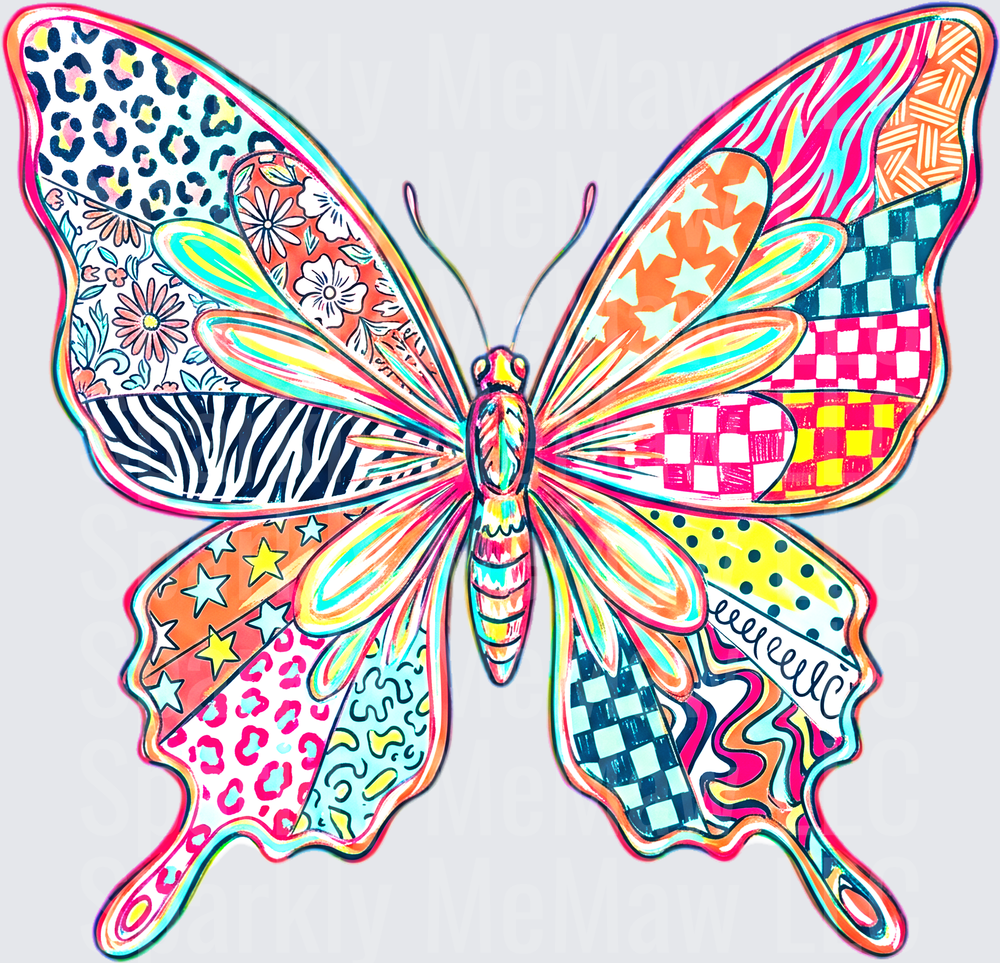 Colorful Patchwork Butterfly DTF Transfer for Fabrics with Mixed Patterns Including Leopard Print Zebra Stripes Floral Checkerboard Stars and Retro Swirls