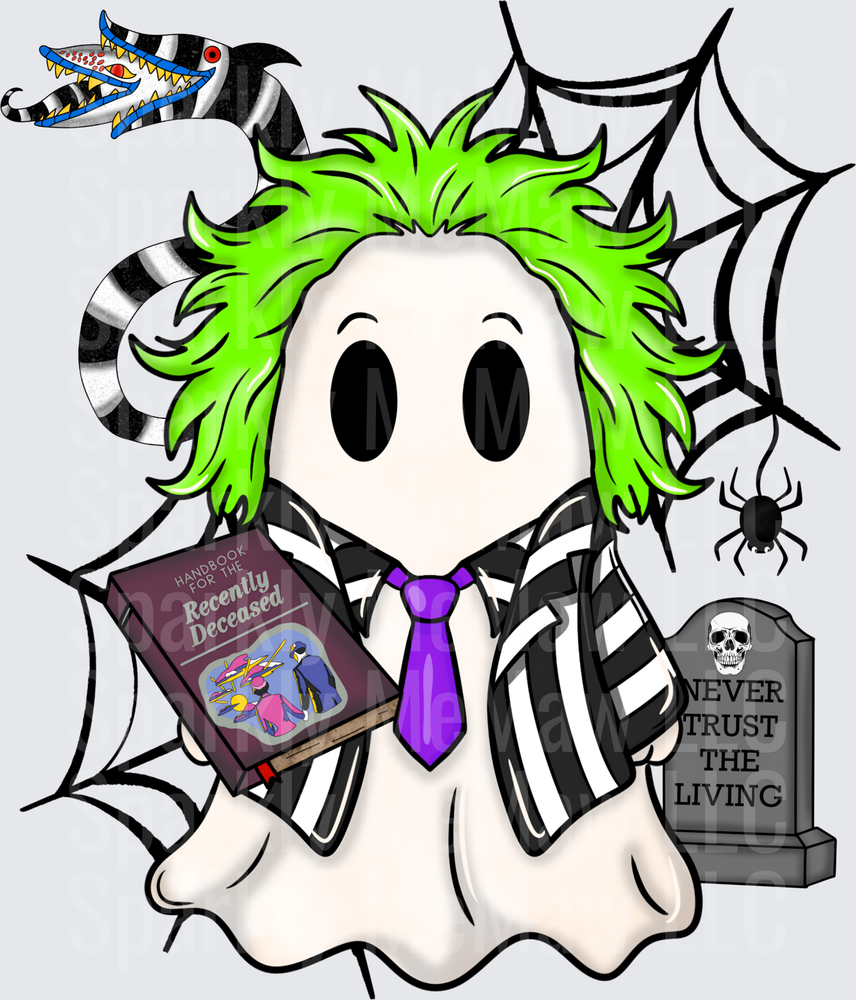 Cute Chibi Beetlejuice Ghost Holding Handbook for the Recently Deceased with Sandworm Spider Web and Never Trust the Living Gravestone DTF Transfer for Fabrics