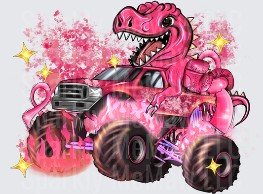 Pink Dinosaur Monster Truck with Cancer Ribbon UV DTF 16 oz Decal