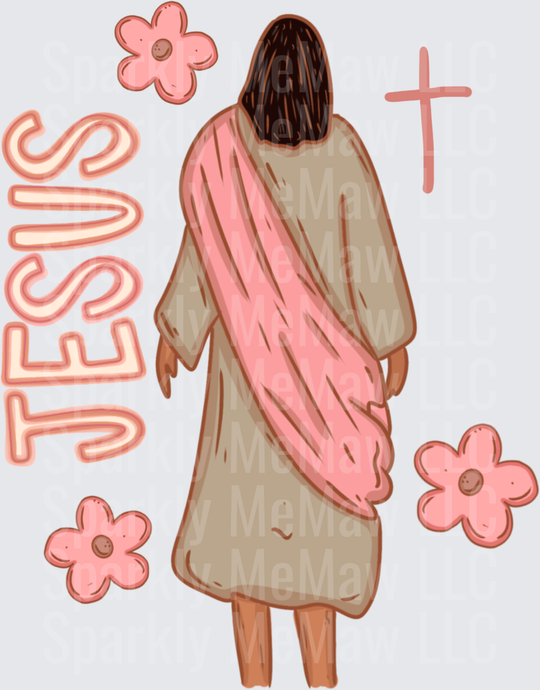Jesus Walking Away with Pink Flowers and Cross UV DTF Decal
