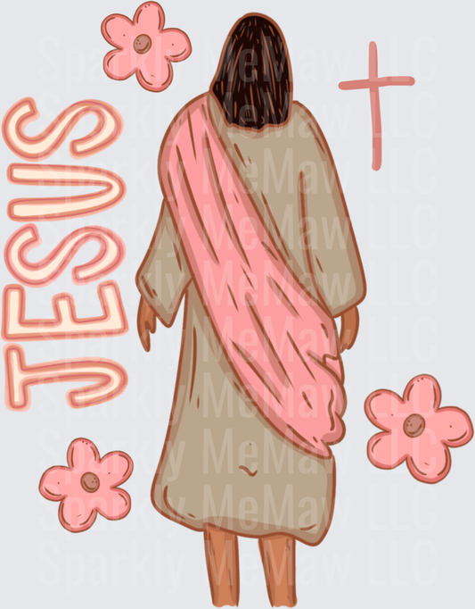 Jesus Walking Away with Pink Flowers and Cross UV DTF Decal