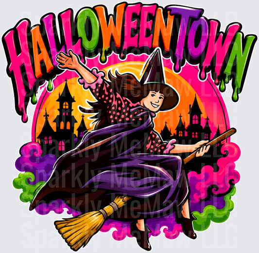 Halloweentown Witch Flying on Broomstick with Haunted Mansion Colorful Halloween Design DTF Transfer (fabrics)
