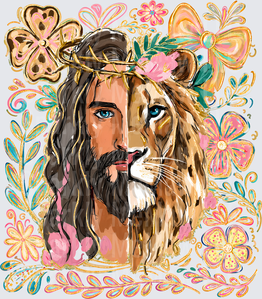 Jesus and Lion of Judah Split Face Crown of Thorns Floral Boho DTF Transfer for Fabrics