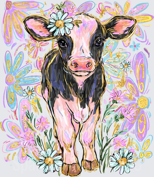 Whimsical Cow with Daisy Flower Crown and Pastel Floral Background UV DTF Decal