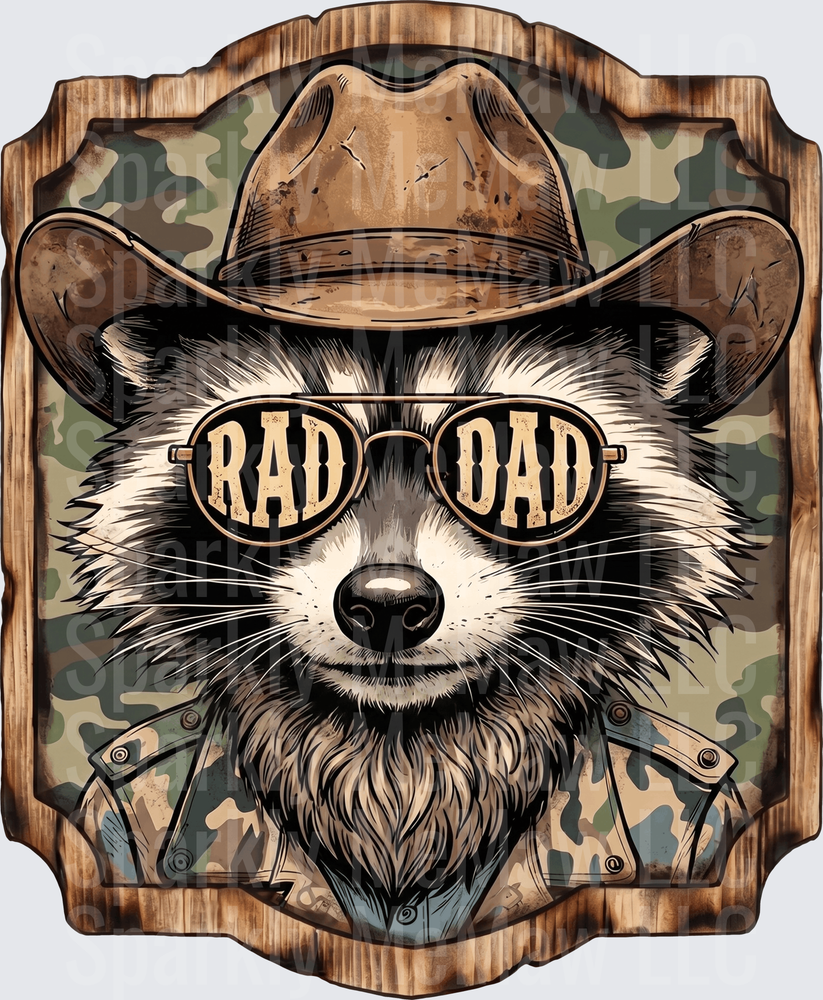 Rad Dad Raccoon in Cowboy Hat and Sunglasses Camouflage Wood Frame - This is a UV DTF Decal