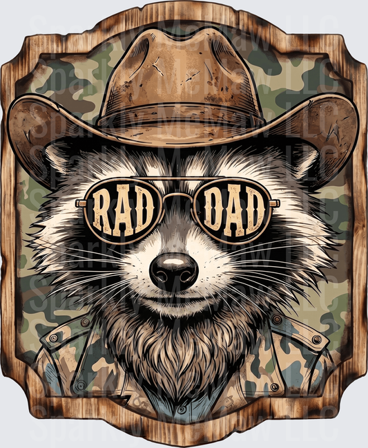 Rad Dad Raccoon in Cowboy Hat and Sunglasses Camouflage Wood Frame - This is a UV DTF Decal