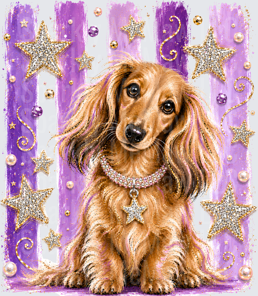Glamorous Long-Haired Dachshund with Diamond Star Collar Purple Stripe Jewel Background DTF Transfer for Fabrics