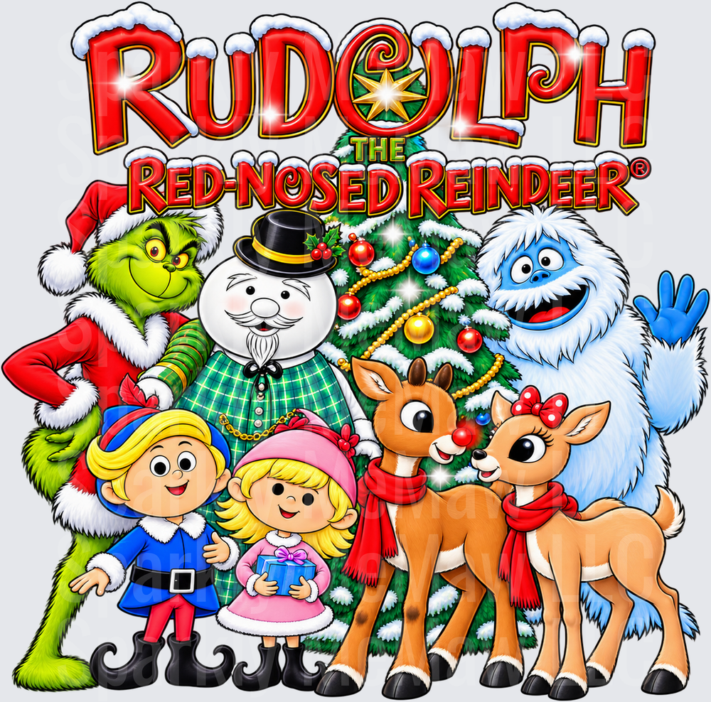 Rudolph Red-Nosed Reindeer Christmas Gang is a DTF Transfer for Fabrics