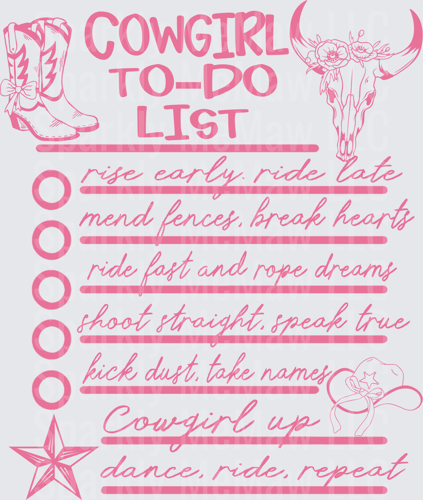 Cowgirl To-Do List with Boots Bull Skull and Western Star UV DTF Decal