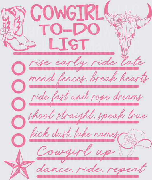 Cowgirl To-Do List with Boots Bull Skull and Western Star UV DTF Decal
