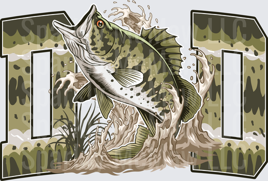 Largemouth Bass Jumping Out of Water with Camouflage Background DTF Transfer for Fabric