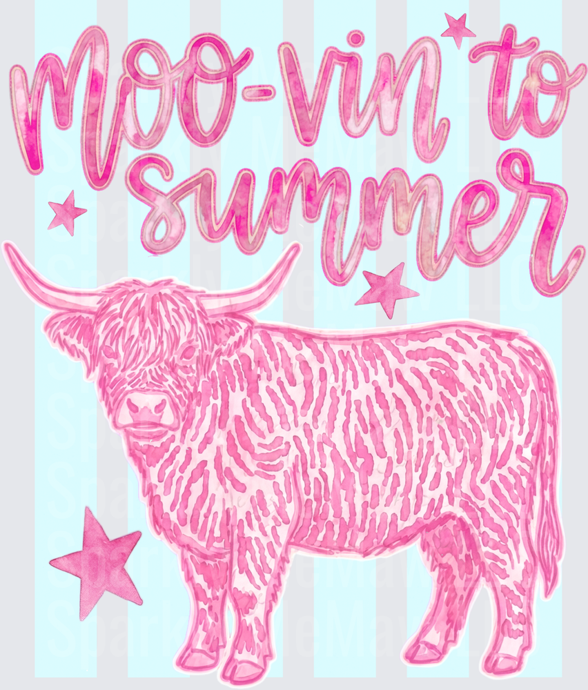Moo-Vin To Summer Pink Watercolor Highland Cow With Stars On Light Blue Stripes DTF Transfer for Fabrics