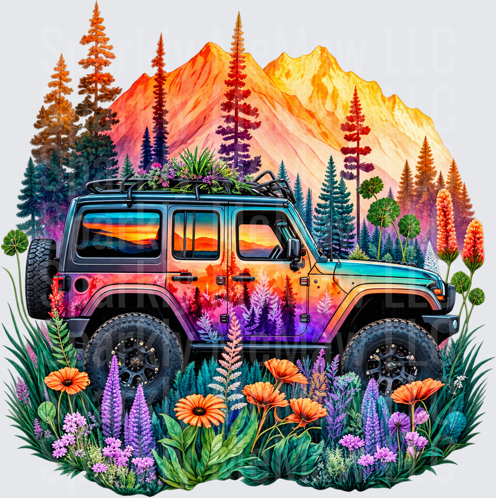 Wildflower Mountain Jeep Wrangler is a DTF Transfer for Fabrics