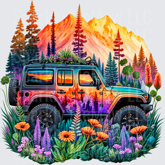 Wildflower Mountain Jeep Wrangler is a DTF Transfer for Fabrics