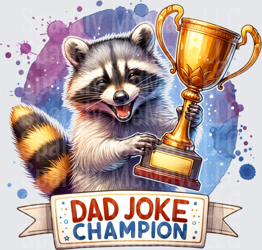 Dad Joke Champion Raccoon with Golden Trophy UV DTF Decal