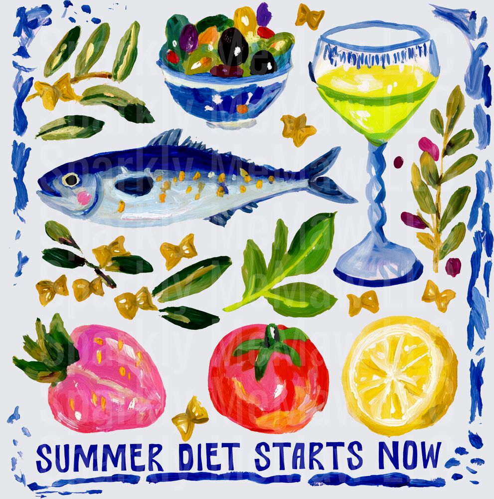 Summer Diet Starts Now Mediterranean Food Watercolor DTF Transfer for Fabric
