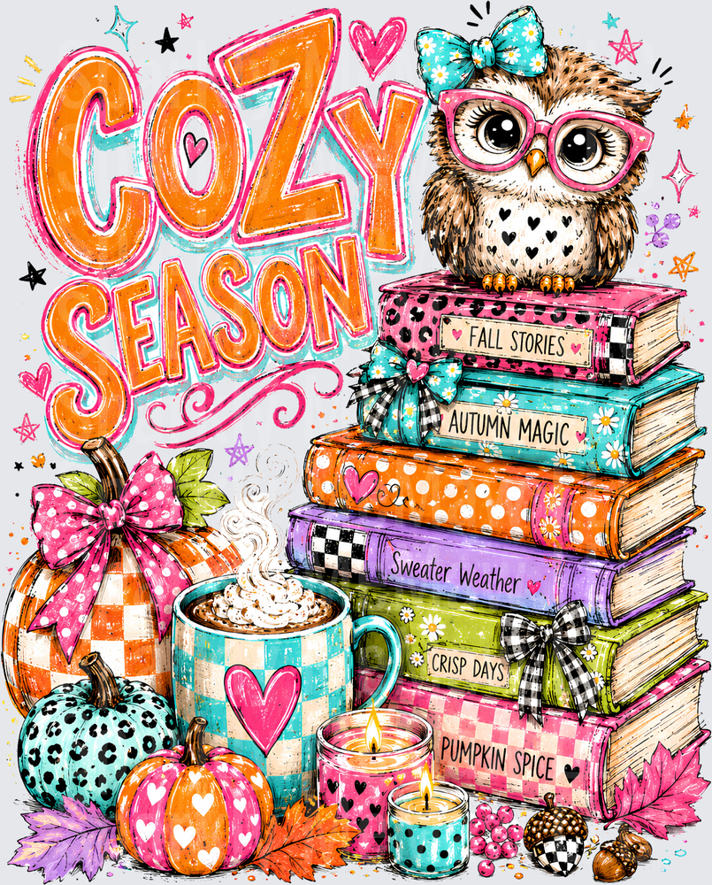 Cozy Season Owl Books Fall DTF Transfer for fabrics