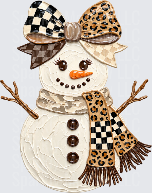 Glam Snowman Leopard Checkered Bow UV DTF Decal