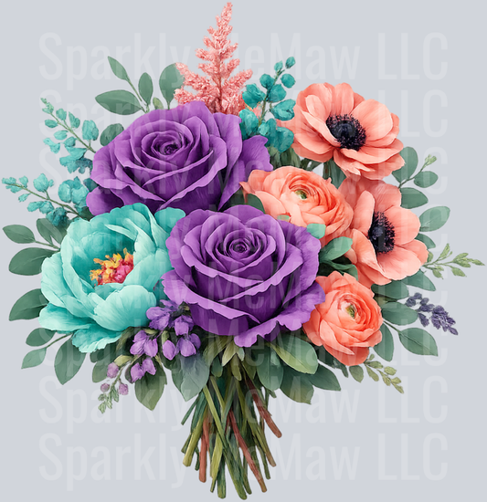 Purple Teal and Coral Flowers Clip Art UV DTF Decal