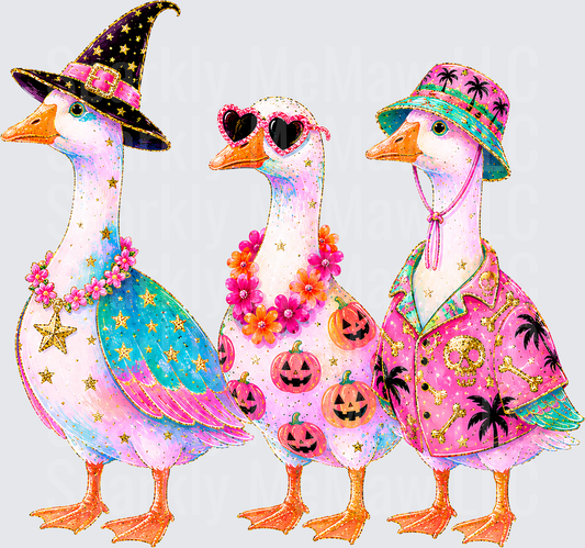 Three Halloween Geese Witch Hat Jack-O-Lantern Tropical Glam Squad DTF Transfer for Fabrics