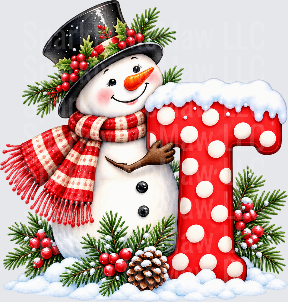 Snowman Letter T Christmas DTF Transfer for Fabrics