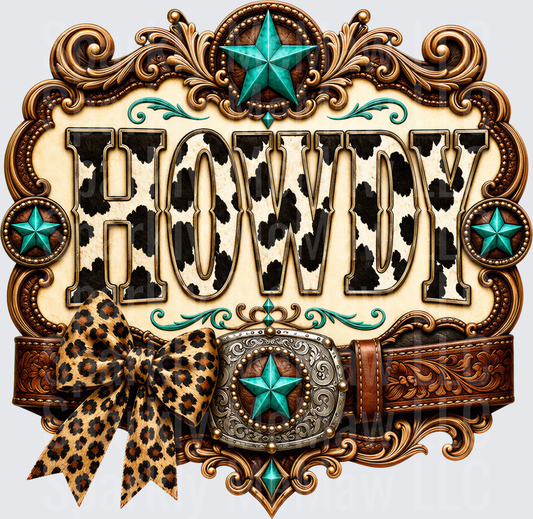 Howdy Cow Print Ornate Gold Scroll Frame Turquoise Star Belt Buckle Leopard Bow Western DTF Transfer for fabrics