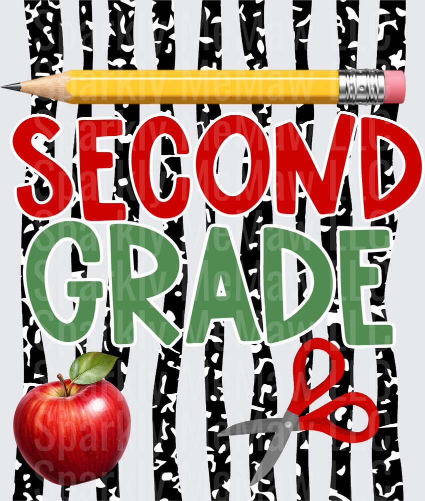 Second Grade School Teacher Apple Pencil Scissors Black White Stripe Background DTF Transfer for Fabric
