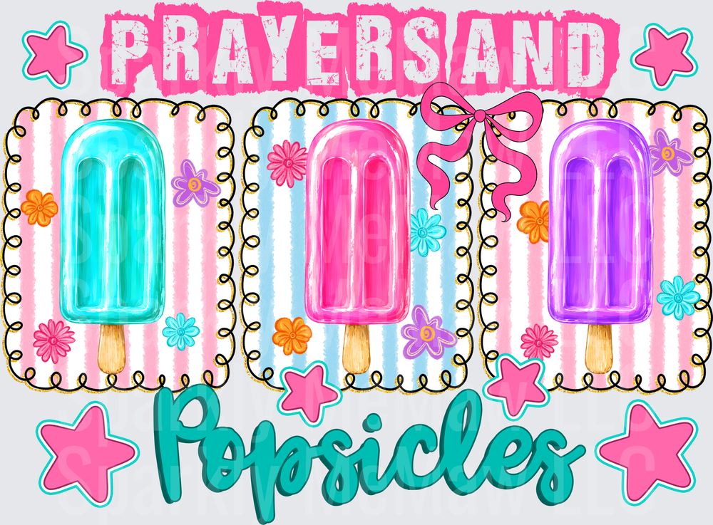 Prayers and Popsicles UV DTF Decal with Colorful Teal Pink Purple Ice Pops Floral Summer Design Pink Bow Stars