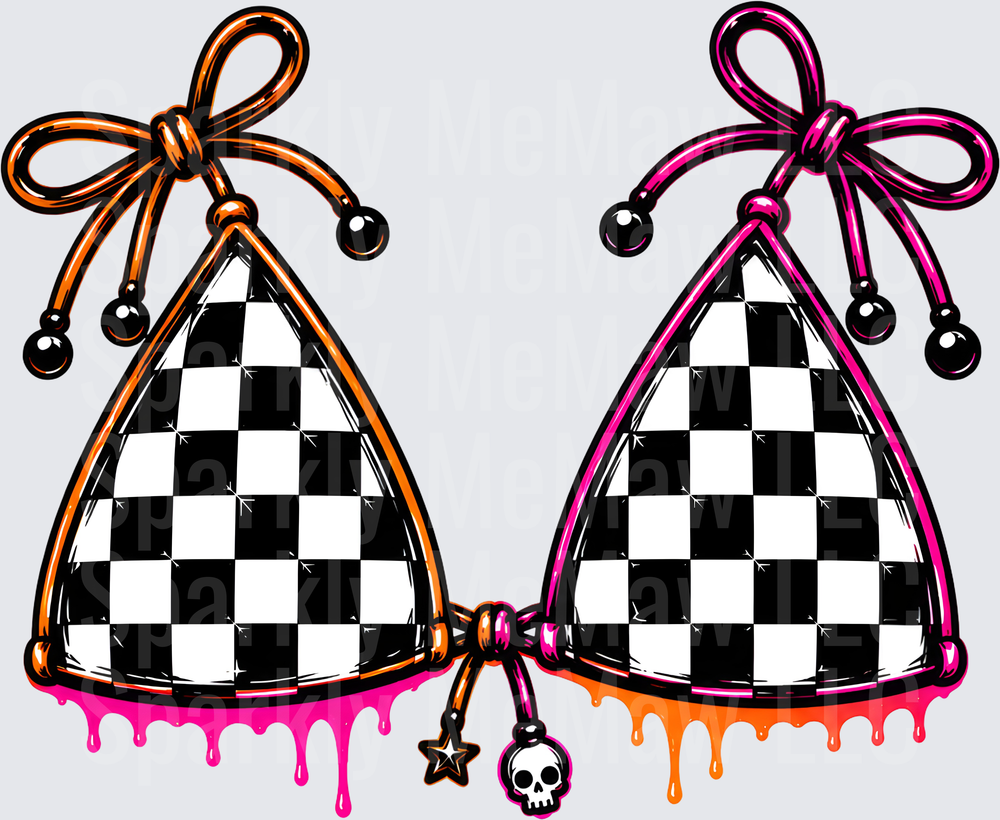 Checkered Bikini Top with Skull and Star Charms DTF Transfer for Fabric