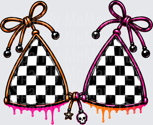 Checkered Bikini Top with Skull and Star Charms DTF Transfer for Fabric