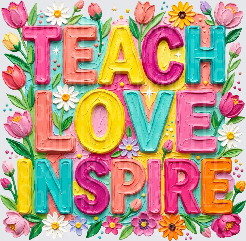 Teach Love Inspire Colorful 3D Letters with Spring Flowers UV DTF Decal