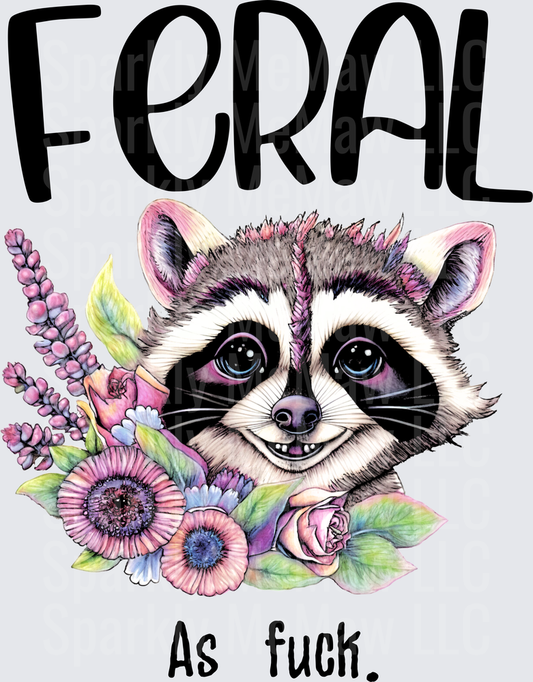 Feral As F*ck Raccoon with Pastel Flowers DTF Transfer for Fabric