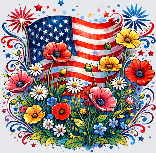 American Flag with Wildflowers and Patriotic Fireworks UV DTF Decal