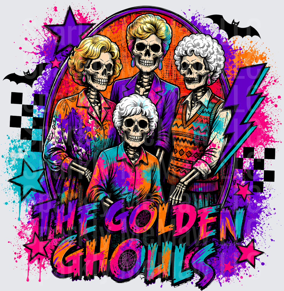 The Golden Ghouls Halloween Skeleton this is a UV DTF Decal