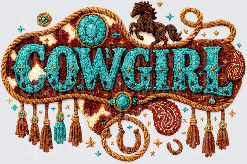 Cowgirl Embroidery Style DTF Transfer for Fabrics Western Turquoise Chenille Letters Rearing Horse Horseshoe Rope Tassels Cowhide Paisley Boho Ranch Design
