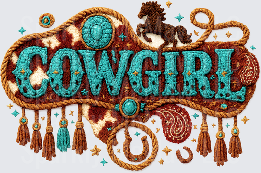 Cowgirl Embroidery Style DTF Transfer for Fabrics Western Turquoise Chenille Letters Rearing Horse Horseshoe Rope Tassels Cowhide Paisley Boho Ranch Design