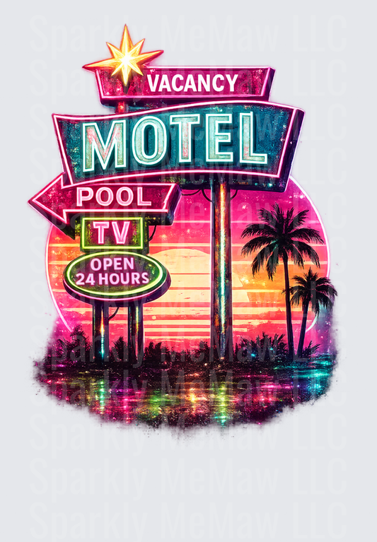Retro Neon Motel Sign with Palm Trees Sunset Scene UV DTF Decal