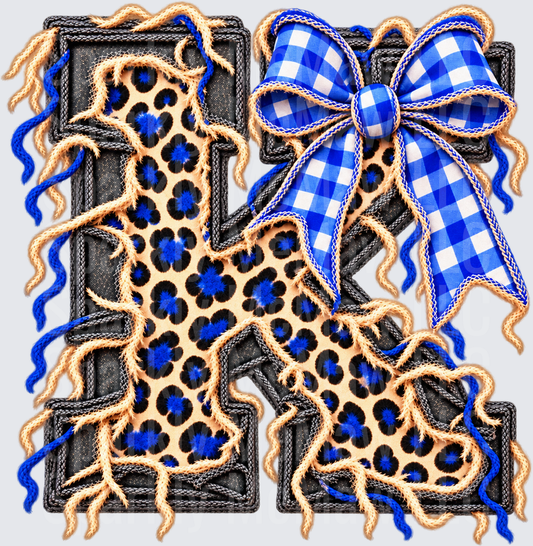 Letter K Blue Leopard Bow DTF Transfer for Fabrics