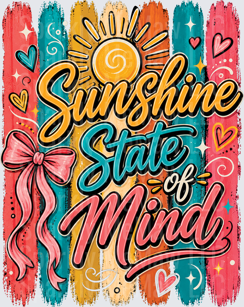 Sunshine State of Mind Motivational Quote with Sun Hearts and Bow UV DTF Decal