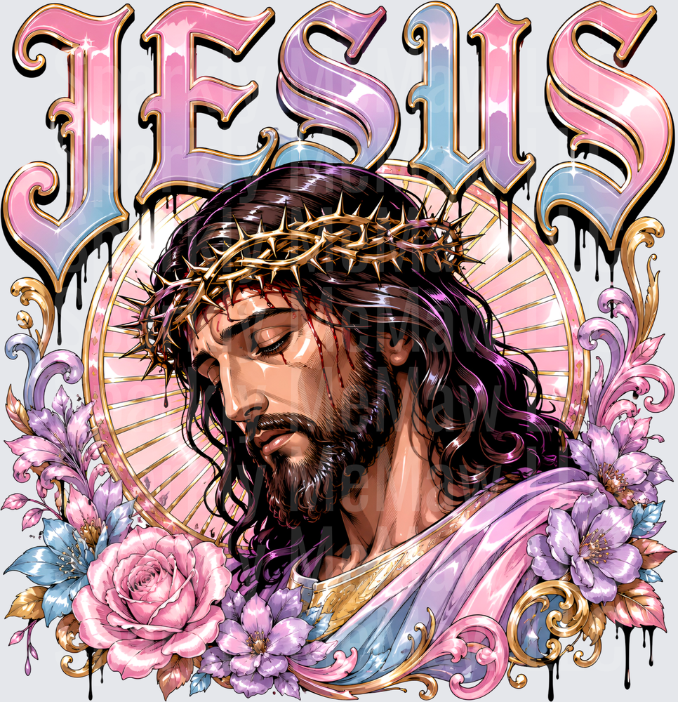Jesus Crown of Thorns Pastel Floral Gold Drip Graphic DTF Transfer for Fabrics