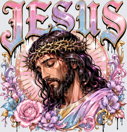 Jesus Crown of Thorns Pastel Floral Gold Drip Graphic DTF Transfer for Fabrics
