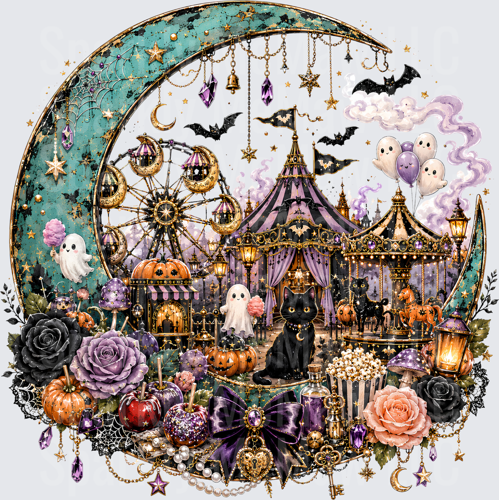 Gothic Halloween Carnival Crescent Moon Black Cat Ghost Ferris Wheel Circus Pumpkin Floral UV DTF Decal