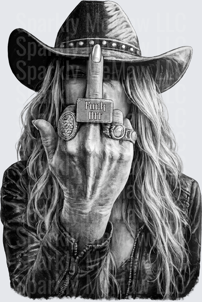 Cowgirl Middle Finger Fuck Off Ring Black and White Portrait DTF Transfer for Fabric
